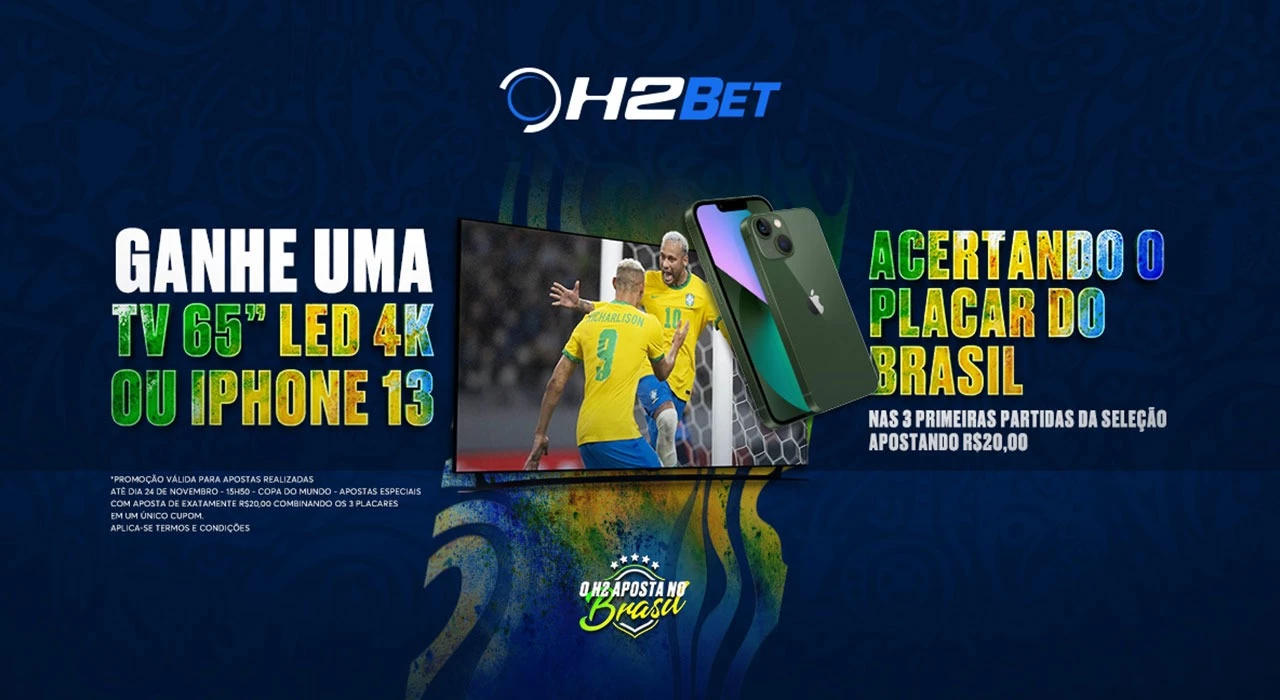 Promoção do H2Bet dá TV 63" ou Iphone 13 em jogos do Brasil na Copa 